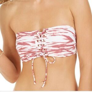 Hula Honey Pink & White Abstract Lace-Up Bandeau Bikini Top – Size L